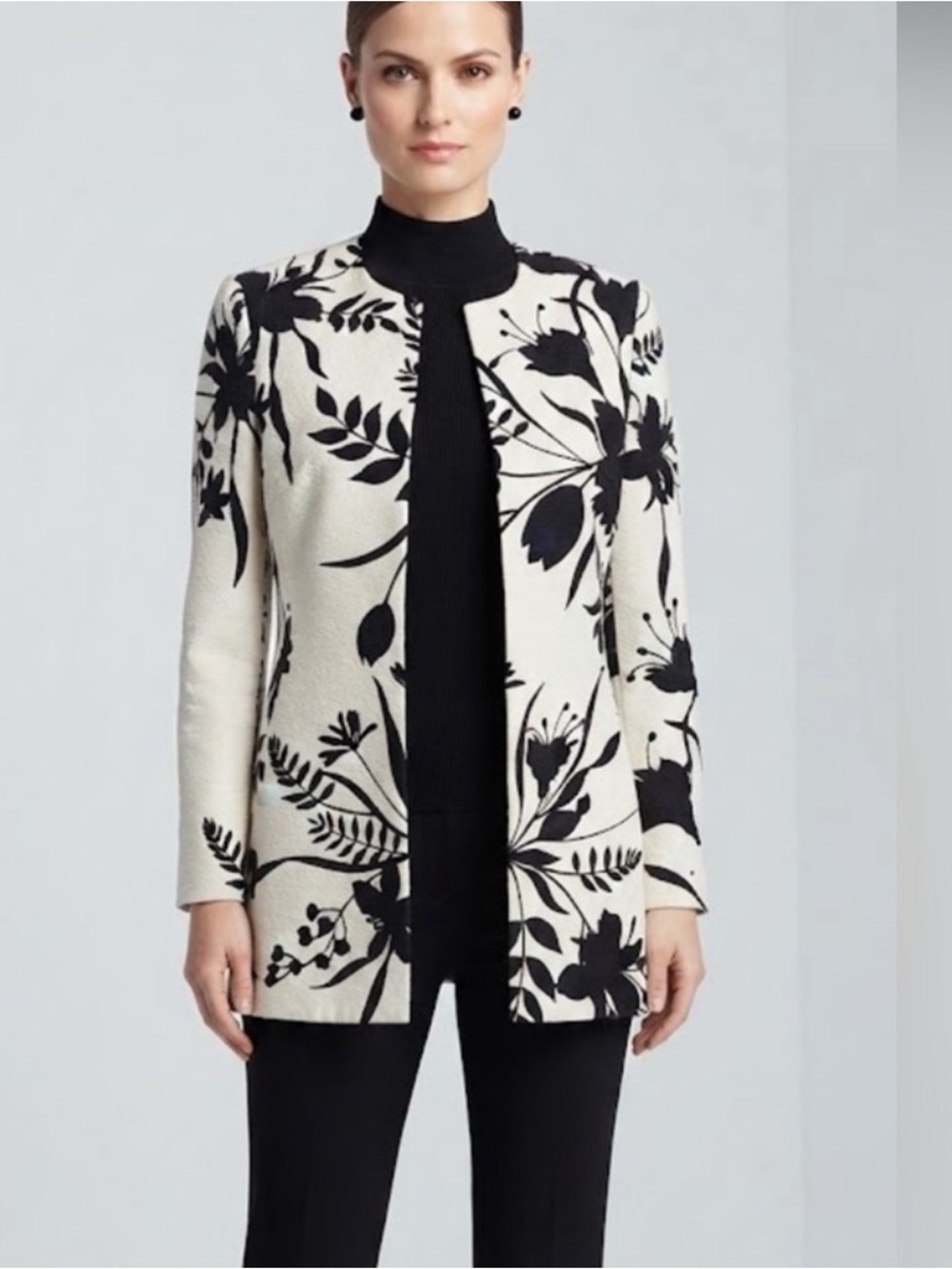 Vintage EllenTracy Linda Allard cotton silk black and white floral open blazer